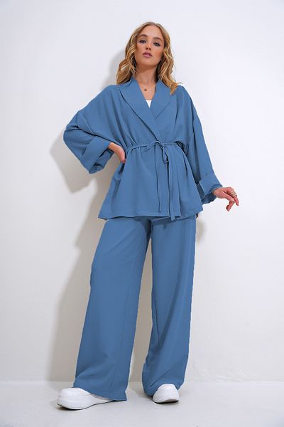 Trend Alaçatı Stili Women's Indigo Blue Wrinkled Look Blazer Jacket Bottom Top Suit Alc-X12433