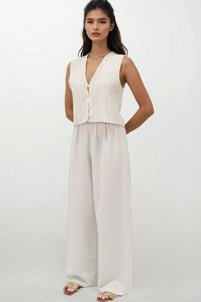 Trend Alaçatı Stili Women's Ecru Guipure Lined Vest and Linen Palazzo Trousers Set Alc-X14188