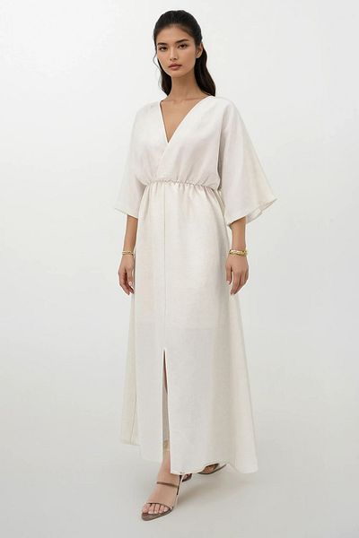 Trend Alaçatı Stili Women's Ecru Double Breasted V-Neck Slit Detailed Lined Maxi Size Linen Dress Alc-X14189