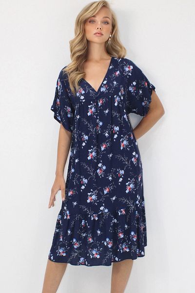 Trend Alaçatı Stili Rochie de damă bleumarin cu decolteu în V cu mâneci duble, cu model, croială confortabilă, cu buzunare duble, țesută din viscoză ALC-X14196