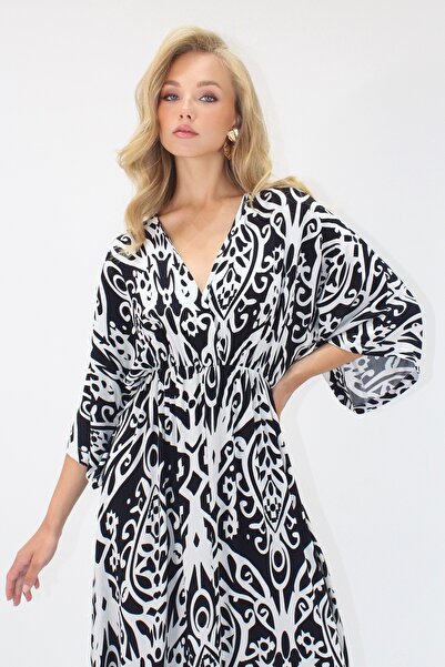 Trend Alaçatı Stili Kadın Siyah V Yaka Kruvaze Detaylı Yırtmaçlı Maxi Boy Dokuma Viskon Elbise ALC-X14216