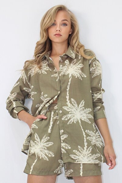 Trend Alaçatı Stili Damski khaki wzorzysty lniany zestaw koszula i spodenki z podwójnymi kieszeniami ALC-X14209