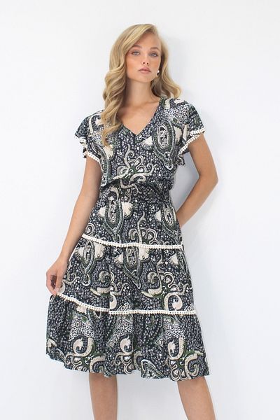 Trend Alaçatı Stili Women's Khaki V-Neck Ethnic Patterned Fisto Detailed Waist Gipeli Woven Dress Alc-X14094