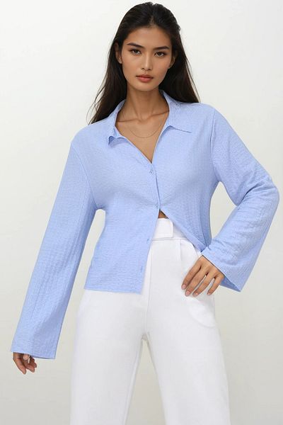 Trend Alaçatı Stili Women's Blue V-Neck Spanish Sleeve Seersucker Summer Shirt Alc-X13459