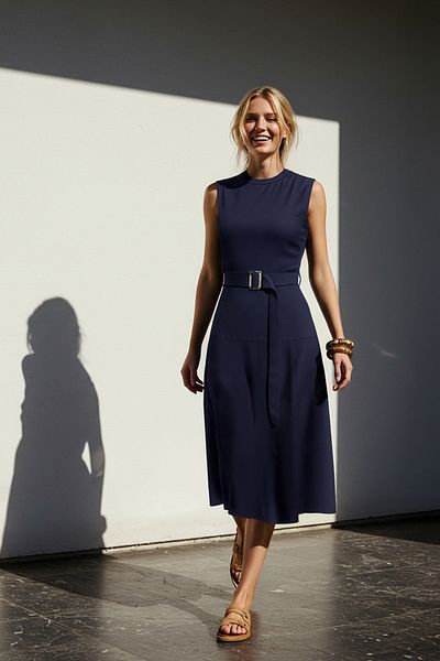 Trendyol Collection Темно-синя сукня з габардинового тканого полотна А-силуету з поясом і довжиною міді TWOSS25EL00055