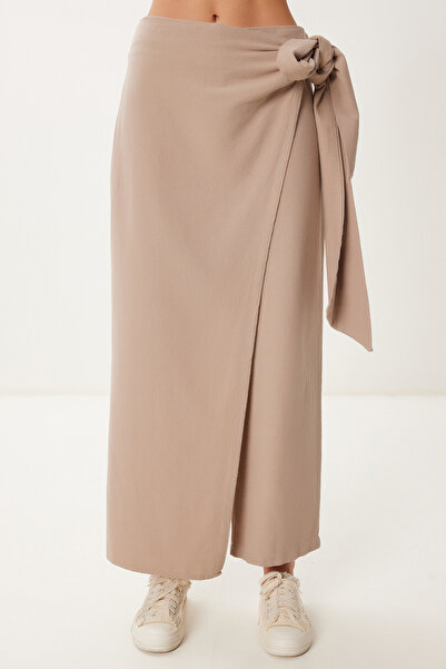 Happiness İstanbul Women's Mink Skirt Look Tie Detailed Linen Trousers Bv00145