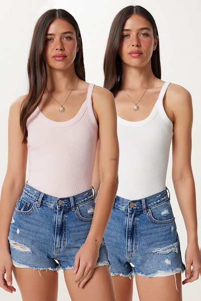 Happiness İstanbul Women's Pink White 2 Pack Strap Ribbed Knitted Undershirt Pb00045