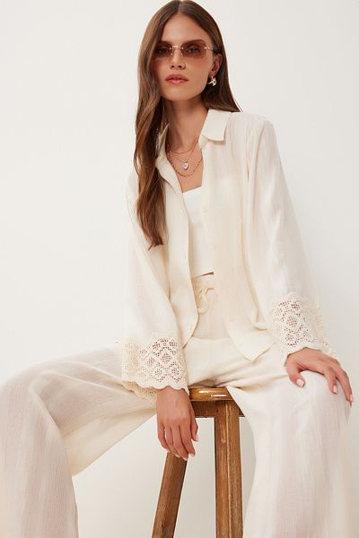 Happiness İstanbul Women's Cream Linen Shirt Pants Suit No00017