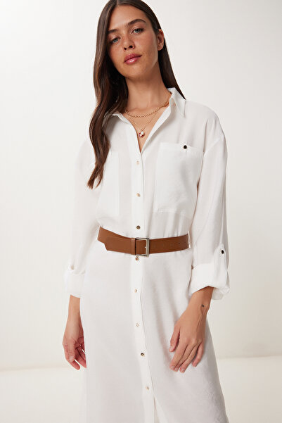 Happiness İstanbul Dámské Ecru páskové modální košilové šaty BV00168