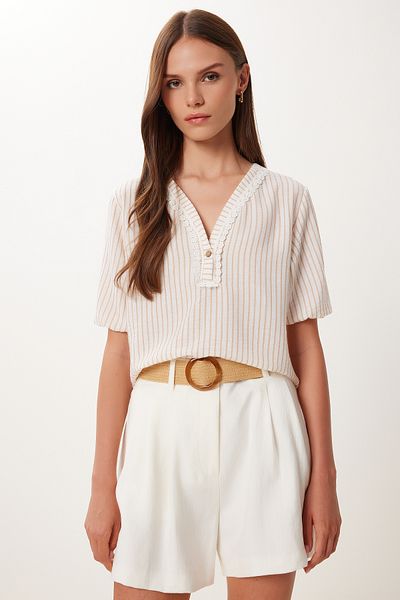 Happiness İstanbul Women's Biscuit Bone Laced Linen Blouse Tp00104