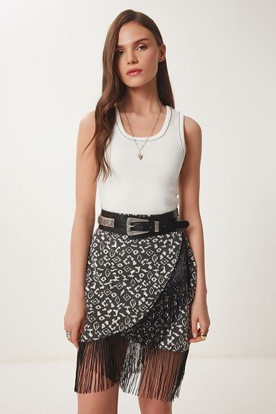 Happiness İstanbul Women's Anthracite Patterned Tasseled Mini Woven Skirt Us01002