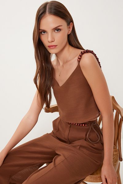 Happiness İstanbul Women's Brown Beaded Detailed Linen Blouse Pants Suit Bv00170