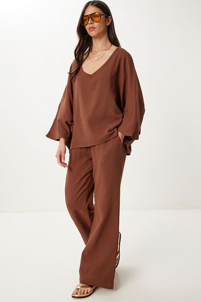 Happiness İstanbul Women's Brown Muslin Blouse Pants Set Fn03473