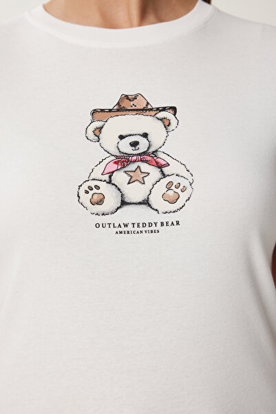 Happiness İstanbul Women's Ecru Teddy Bear Printed Cotton Knitted T-Shirt Ub00404