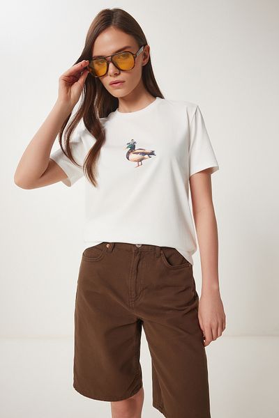 Happiness İstanbul Women's Ecru Stone Detailed Embroidered Cotton Knitted T-Shirt Cr00521