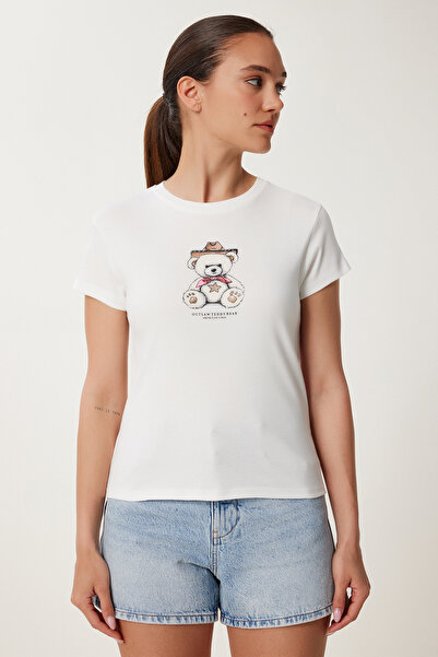 Happiness İstanbul Women's Ecru Teddy Bear Printed Cotton Knitted T-Shirt Ub00404