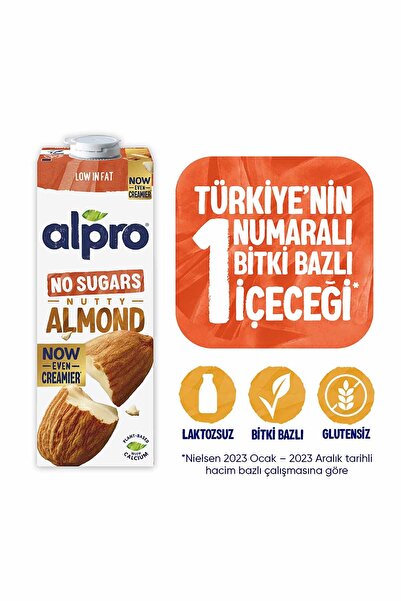 Alpro Şekersiz Badem Sütü 1 L Vegan Laktozsuz Bitkisel Bazlı