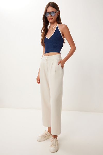 Happiness İstanbul Women's Cream Pocket Linen Baggy Trousers Bv00164