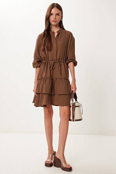 Happiness İstanbul Kadın Kahverengi Volanlı Katlı Müslin Elbise NO00022