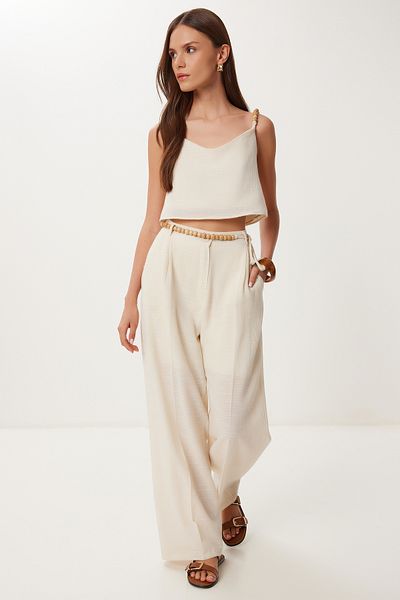 Happiness İstanbul Women's Cream Bead Detail Linen Blouse Pants Suit Bv00170