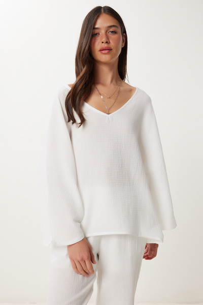 Happiness İstanbul Női Ecru Muslin blúz nadrág szett FN03473