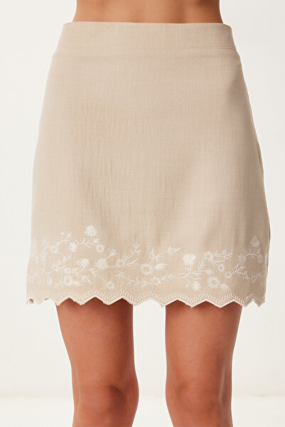 Happiness İstanbul Women's Beige Embroidery Embroidered Mini Linen Skirt Tp00105