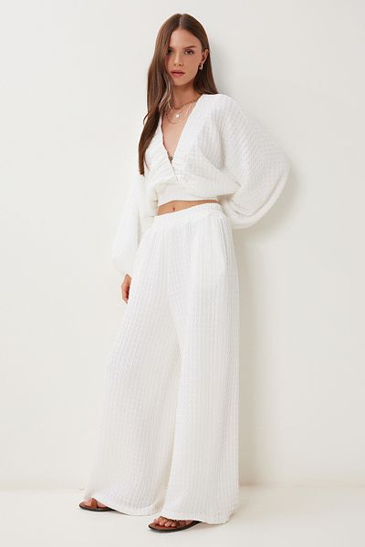 Happiness İstanbul Women's Ecru Textured Blouse Pants Set Rv00214