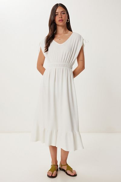 Happiness İstanbul Women's Ecru Flounced Summer Midi Crinkle Knitted Dress Zv00333