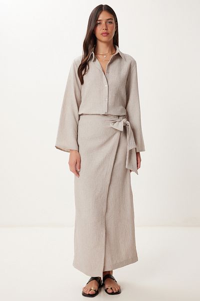 Happiness İstanbul Women's Beige Linen Shirt Skirt Suit Fn03475