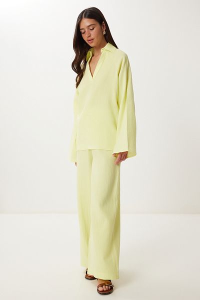 Happiness İstanbul Women's Yellow Muslin Blouse Pants Set Fn03470