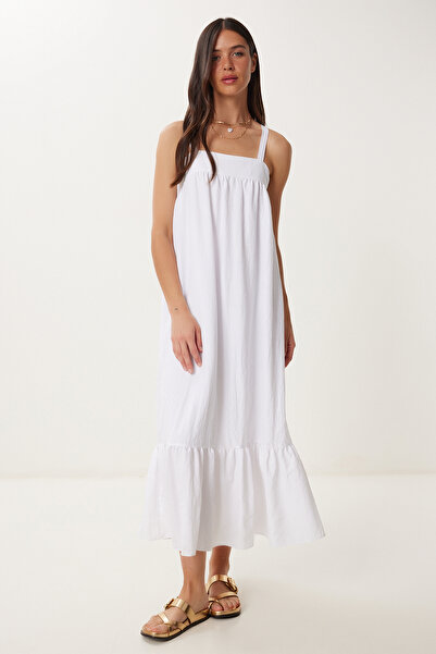 Happiness İstanbul Dámské bílé letní tenké šaty s volánem na řemínku BV00154