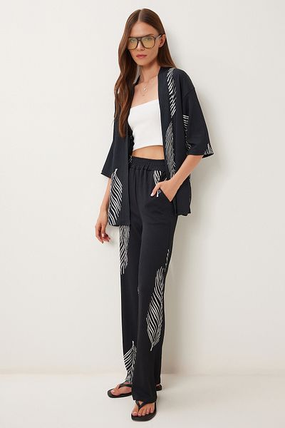 Happiness İstanbul Women's Black Bone Patterned Crinkle Knitted Kimono Pants Set İy00006
