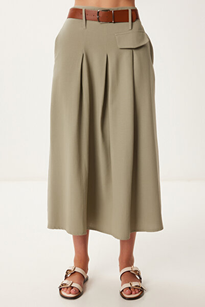 Happiness İstanbul Γυναικεία πράσινη ζωνωτή καλοκαιρινή λινό φούστα BV00161