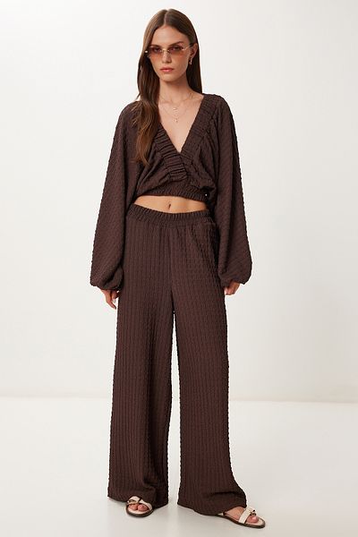 Happiness İstanbul Women's Brown Textured Blouse Pants Suit Rv00214