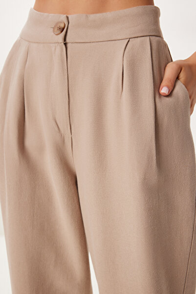 Happiness İstanbul Kadın Bej Cepli Keten Şalvar Pantolon BV00164