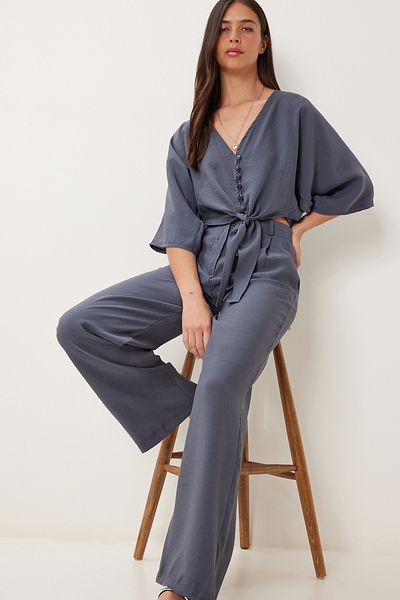 Happiness İstanbul Women's Anthracite Modal Blouse Pants Suit Bv00162