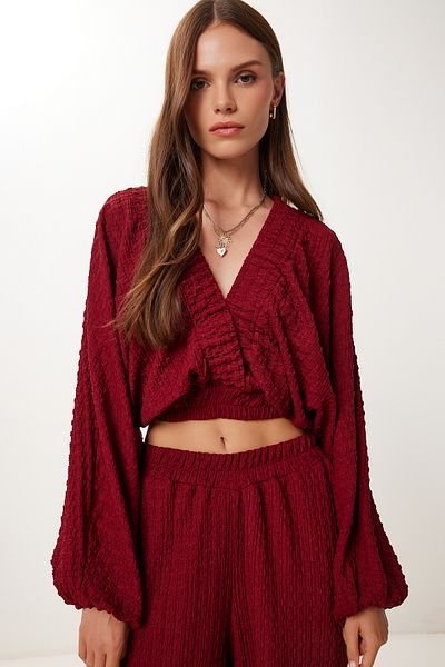 Happiness İstanbul Women's Burgundy Textured Blouse Pants Set Rv00214