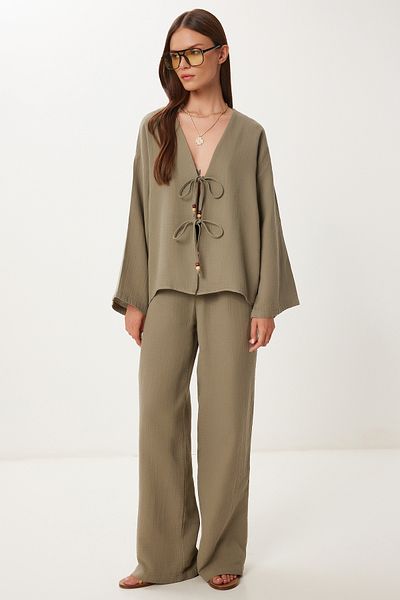 Women's Khaki Lacing Detailed Muslin Bottom-Top Set Bv00171