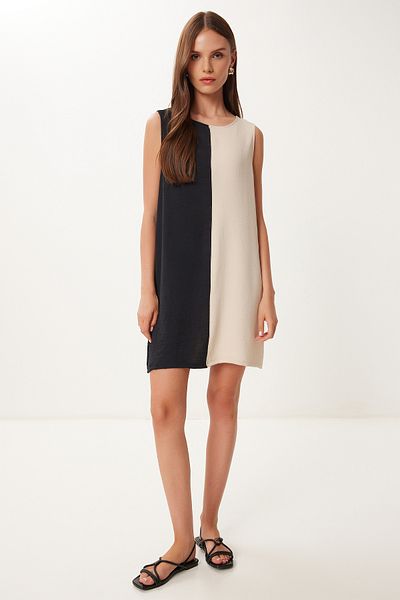 Happiness İstanbul Women's Black Cream Contrast Color Mini Woven Dress İy00001