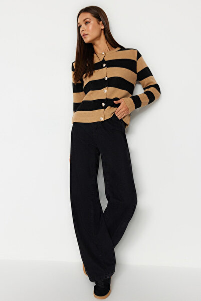 Trendyol Collection Camel Striped Basic Jacket Look Knitwear Cardigan Twoaw24Hi00091