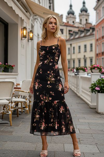 Trendyol Collection Czarna kwiatowa sukienka maxi z szyfonu w kształcie litery A Flighty Flight TWOSS25EL00723