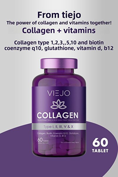 Viejo 60 قرص كولاجين وفيتامينات - النوع 1,2,3,5,10، بيوتين، أنزيم Q10، الجلوت...