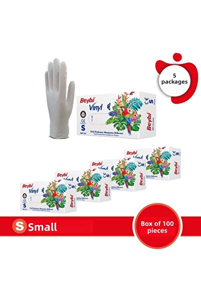 Beybi قفازات فحص من الفينيل خالية من البودرة MDR - صندوق 100 (حجم S) 5 عبوات