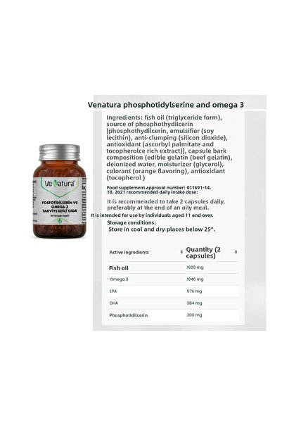 VeNatura Phosfotideylserine and Omega 3 30 Capsules + C 1000 Mg 30 Tablets