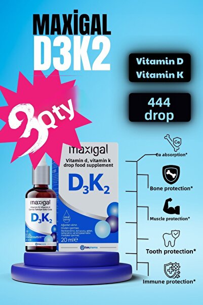 Maxigal فيتامين د و ك 20 مل - قطرات غذائية مكملة - عبوة من 3 قطع