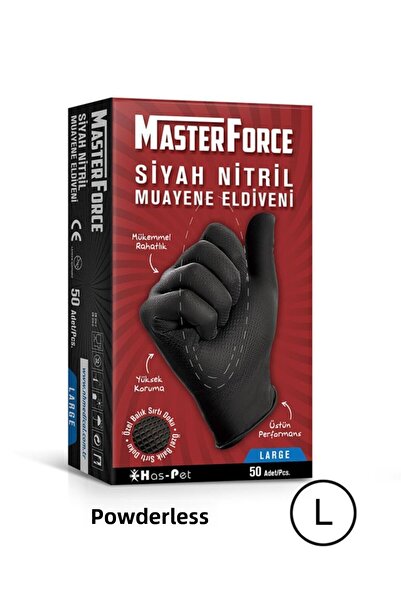 MasterForce ماستر فورس - قفازات نيتريل سوداء سميكة خالية من البودرة - حجم كبي...