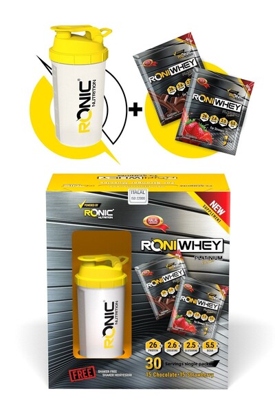 Ronic Nutrition مسحوق بروتين ويل 1350 جرام يساعد على بناء العضلات - 30 كيسًا بنكهة الفراولة والشوكولاتة