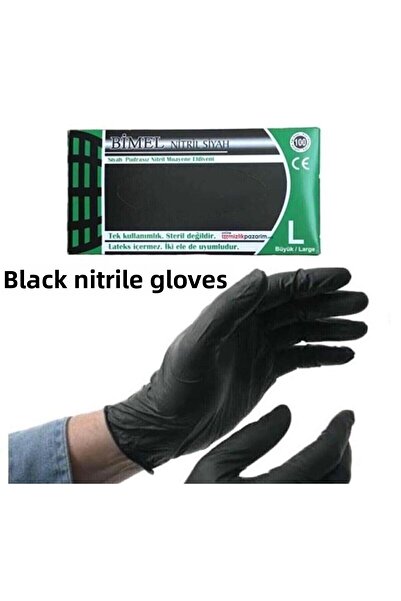 Bimel قفازات فحص خالية من مسحوق النتريل الأسود مقاس L، قفازات عمل مناسبة للأغذية