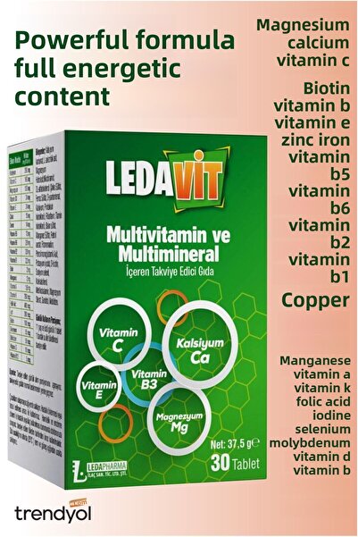 DermoExpress Ledavit متعدد الفيتامينات والمعادن 30 قرصًا - حاوية الكالسيوم وا...