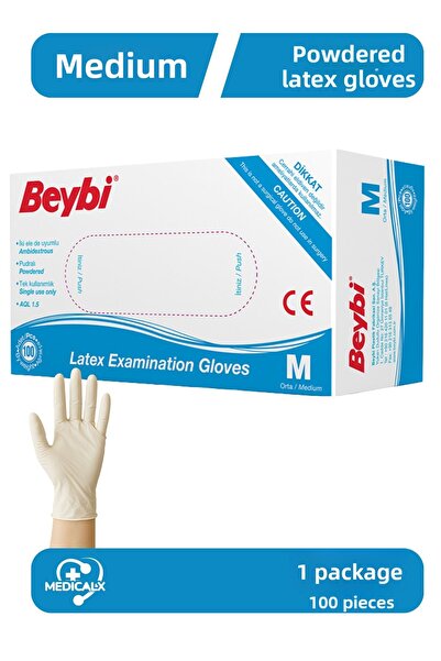 Beybi قفازات لاتكس بودره عبوة من 100 - متوسط (مقاس M)